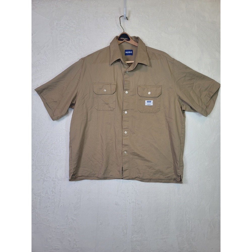 Hugo Boss Business Casual Cotton Button‎ Down Shirt Golf Tan Minimalist Size 2X